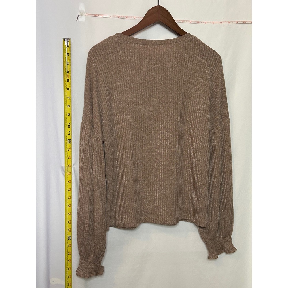 SHEIN Women's Brown Ribbed Knit Long Sleeve Casual Crew Neck Pullover Sweater